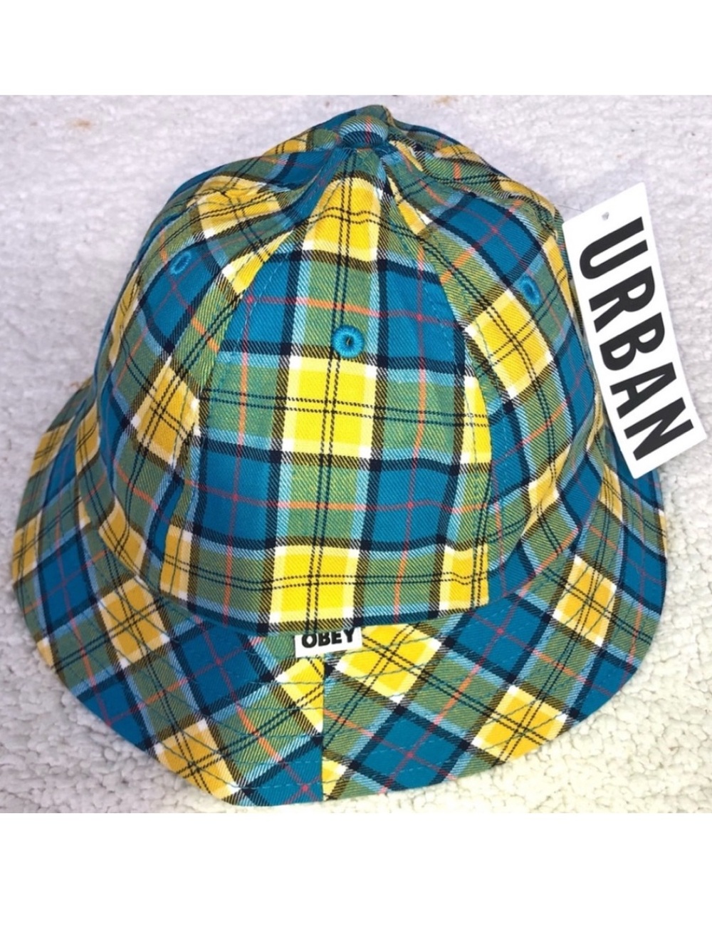 Obey bucket hat plaid turquoise blue & yellow NWT Urban Outfitters unisex cotton